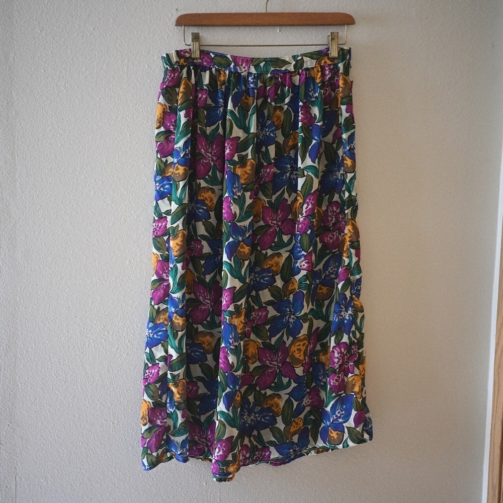 Notations Vintage 90s Floral Sheer Midi Maxi Skirt Purple Blue Gold Size 8